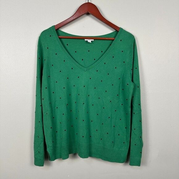 J. Jill V-Neck Knit Pullover Sweater Green Polka Dot Womens Medium Petite - Picture 1 of 4